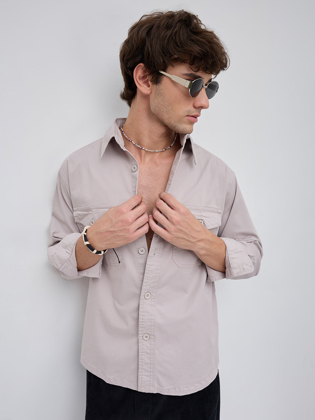 Solid Bone Grey Double Pocket Overshirt