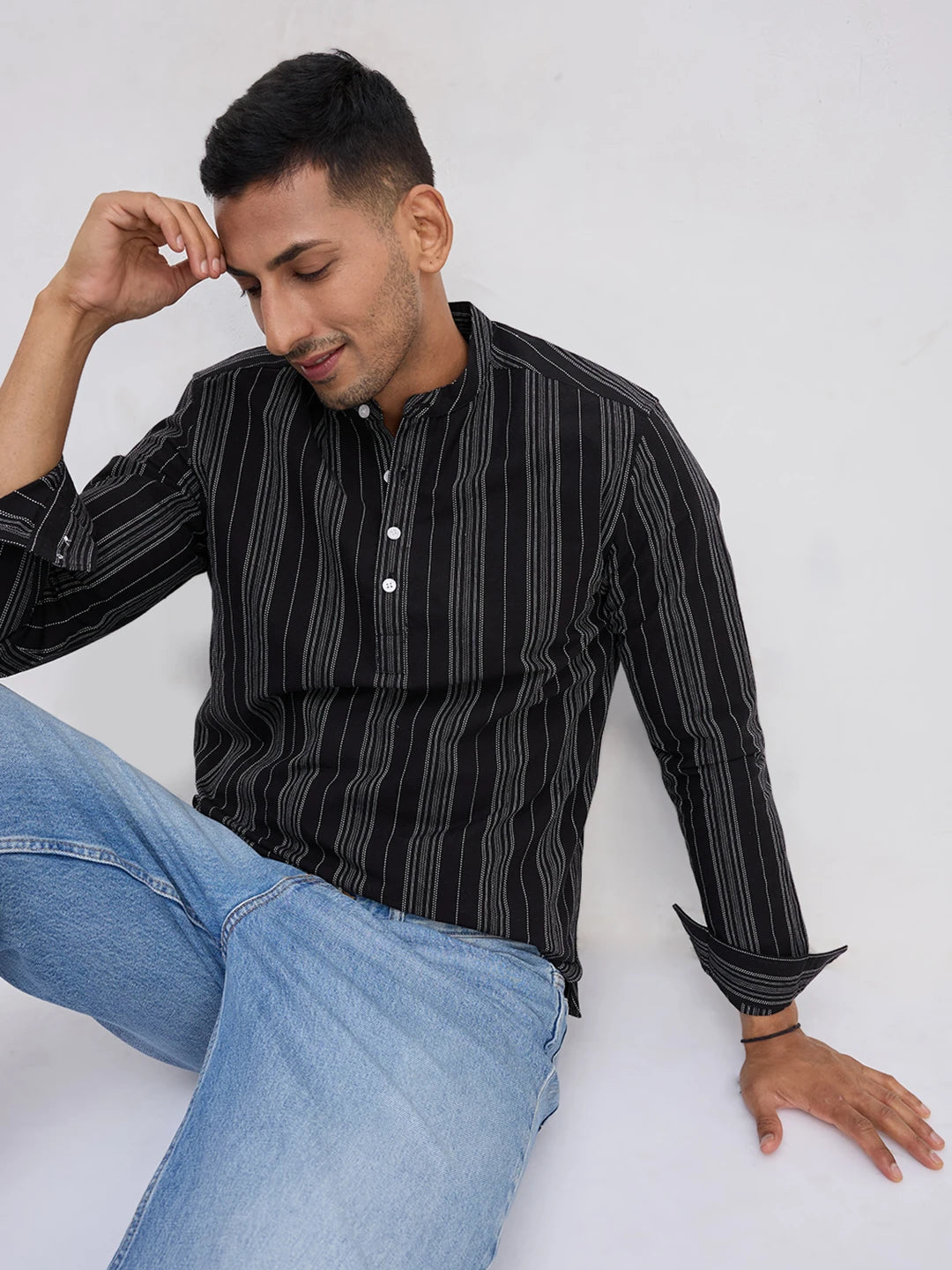 Jet Black Fine Threadwork Striped Kurta