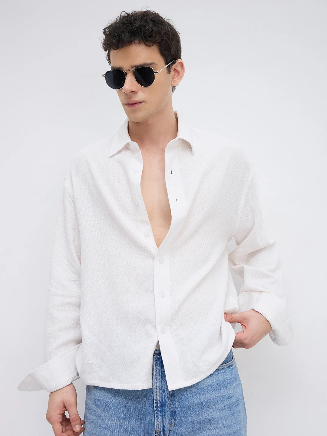 Frost White Diamond Textured Boxy Fit Crop Shirt
