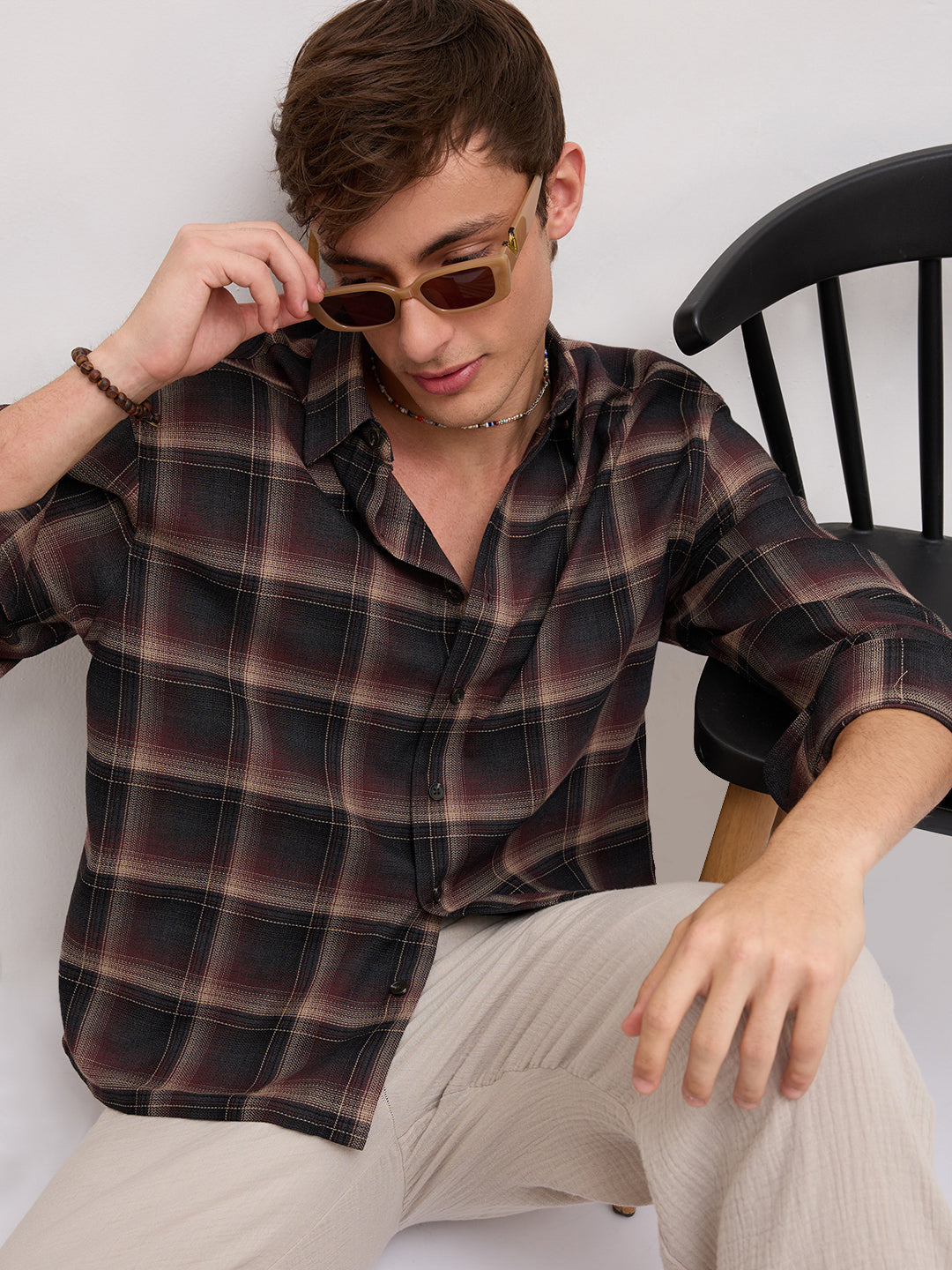 Espresso Ombre Checks Boxy Fit Crop Shirt