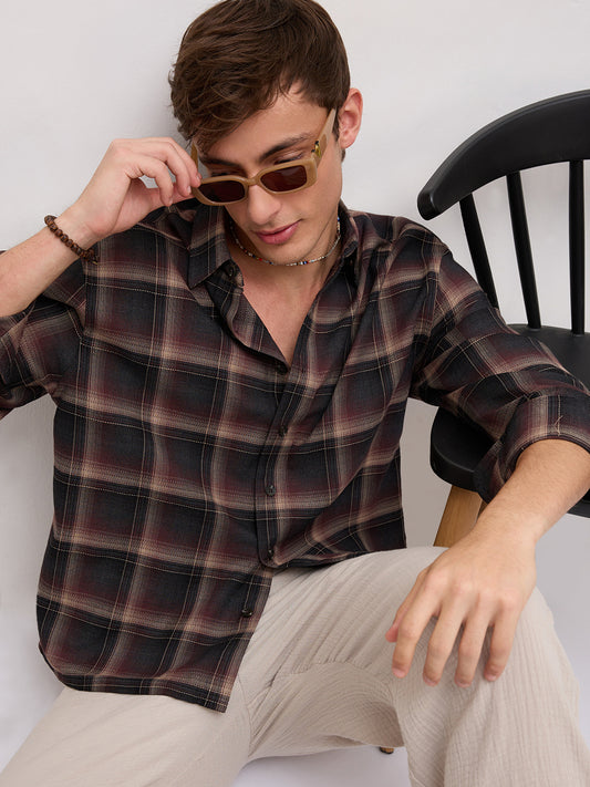Espresso Ombre Checks Boxy Fit Crop Shirt