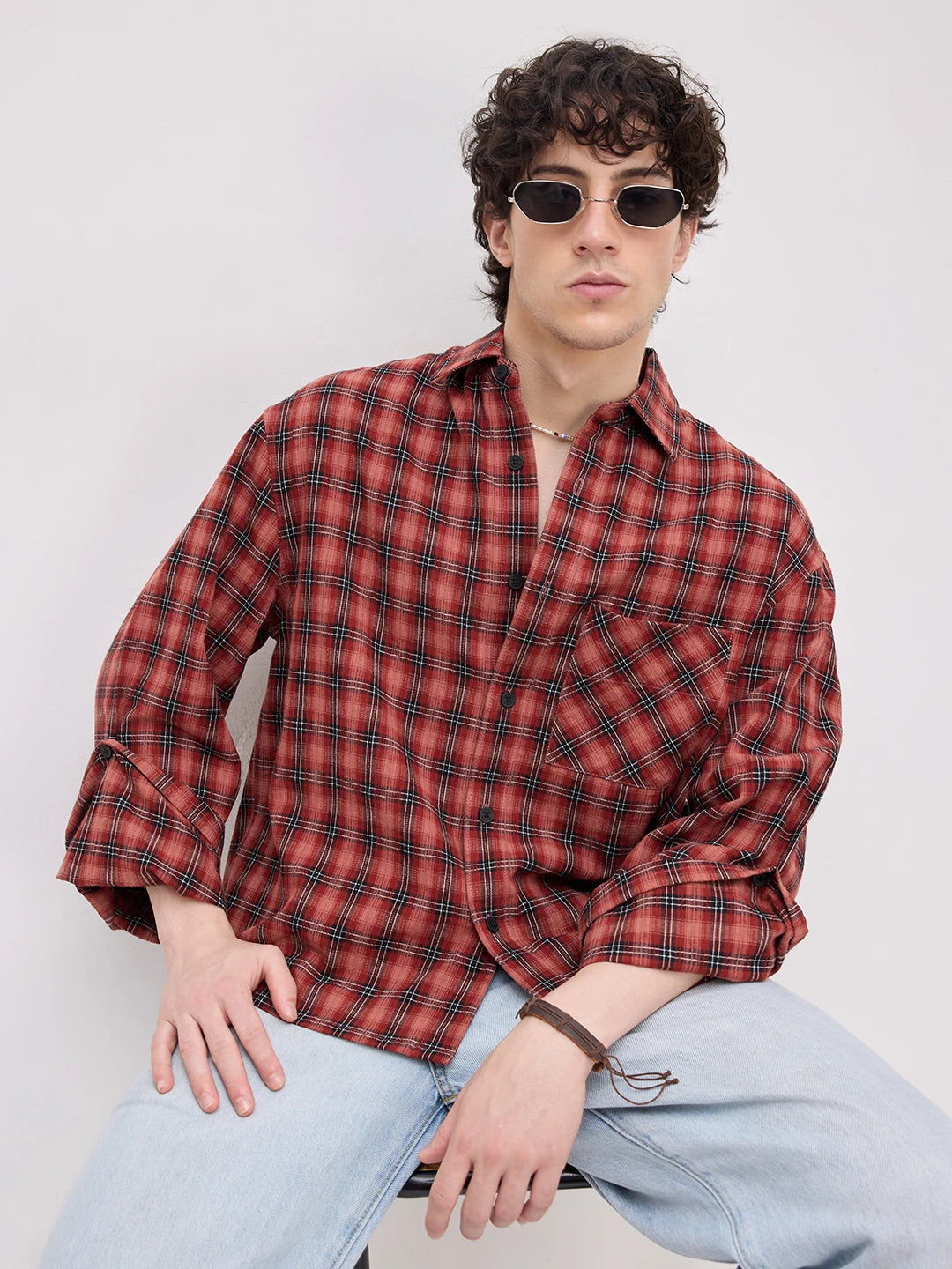 Luxe Rustic Redwood Plaid Edition Cuffless Oversized Crop Shirt