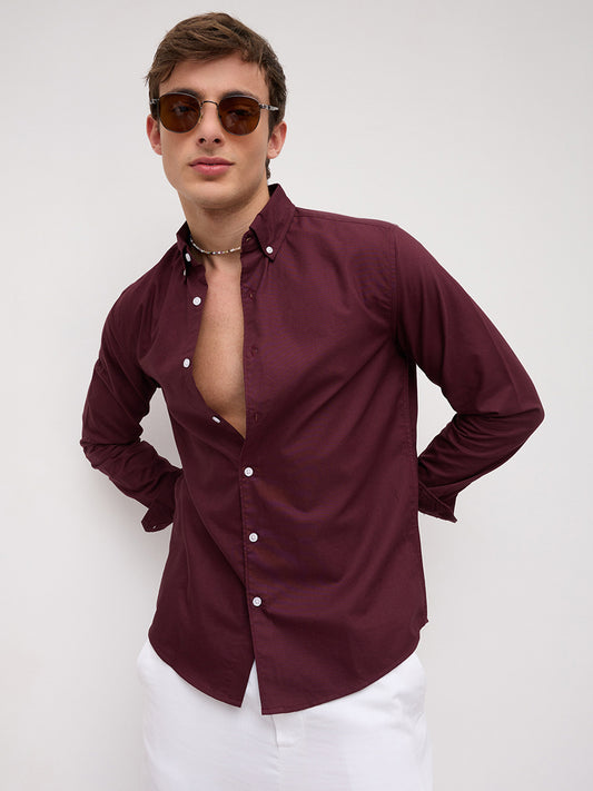 Elegant Wine Oxford Button-Down Collar Business Shirt