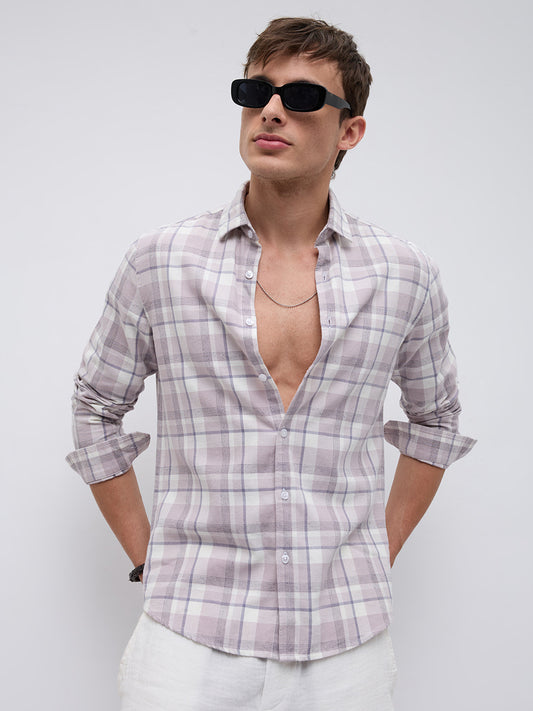 Dusty Pink Micro Herringbone Windowpane Checks Shirt
