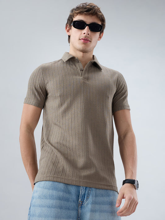 Dusty Beige Polo Neck Knit T-shirt