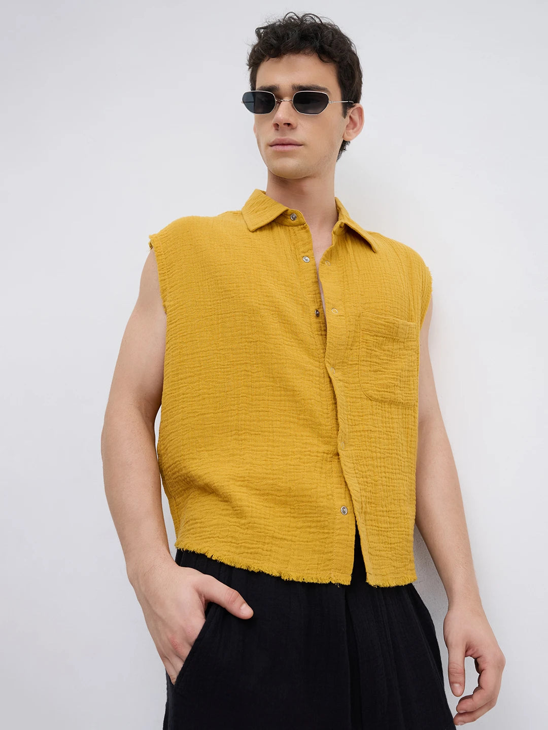 Mustard Yellow Double Cloth Sleevless Crop Shirt