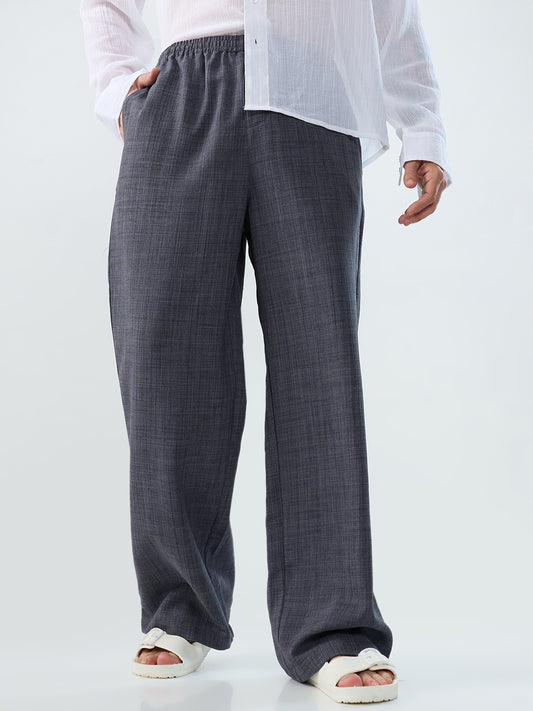 Charcoal Grey Slub Textured Wide-Leg Trousers