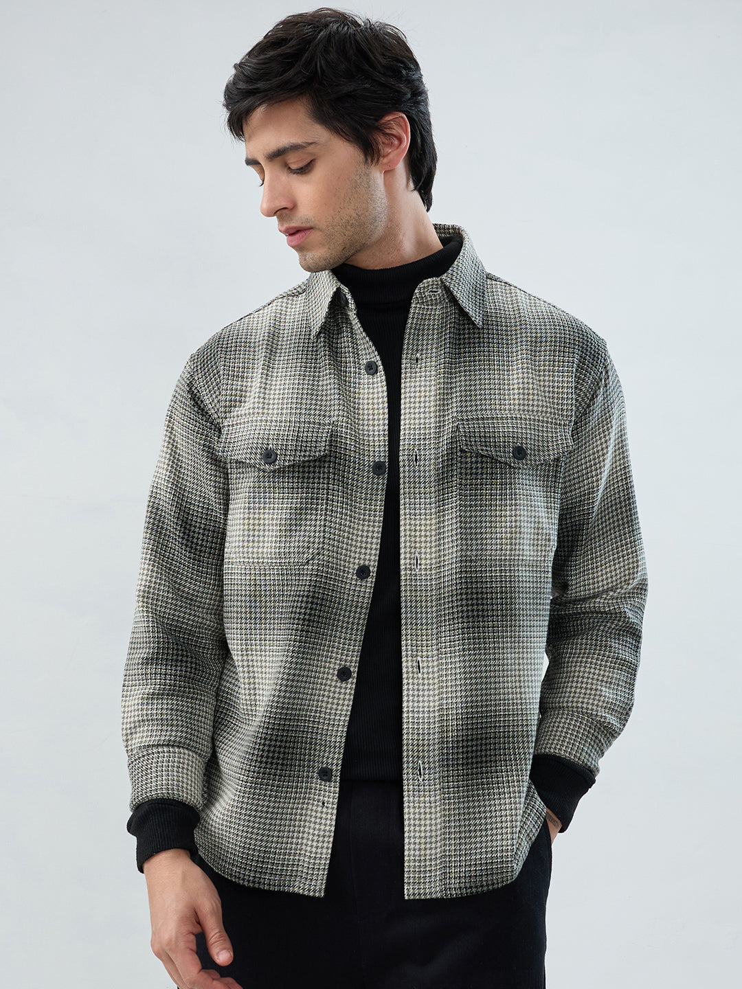 Olive & Black Houndstooth Checks Double Pocket Flannel Shirt