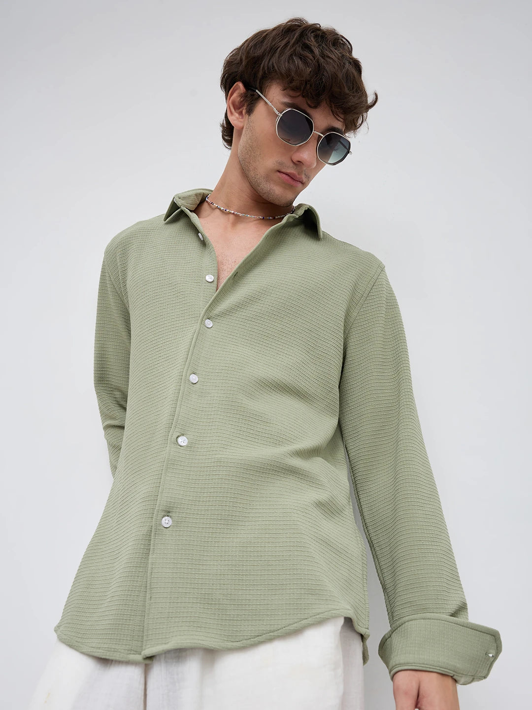 Refined Sage Green Gingham Checks Knitted Shirt