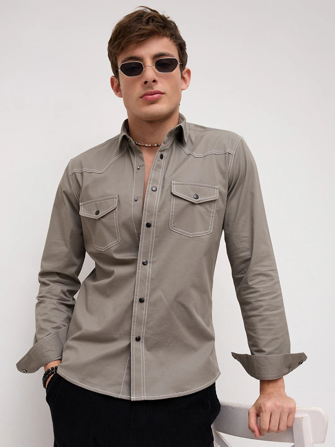 Grey Contrast Stitch Twin Pocket Shirt