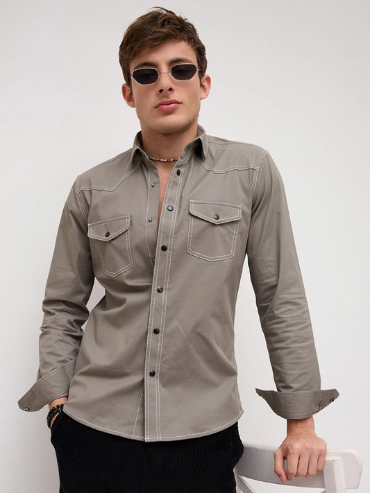 Grey Contrast Stitch Twin Pocket Shirt