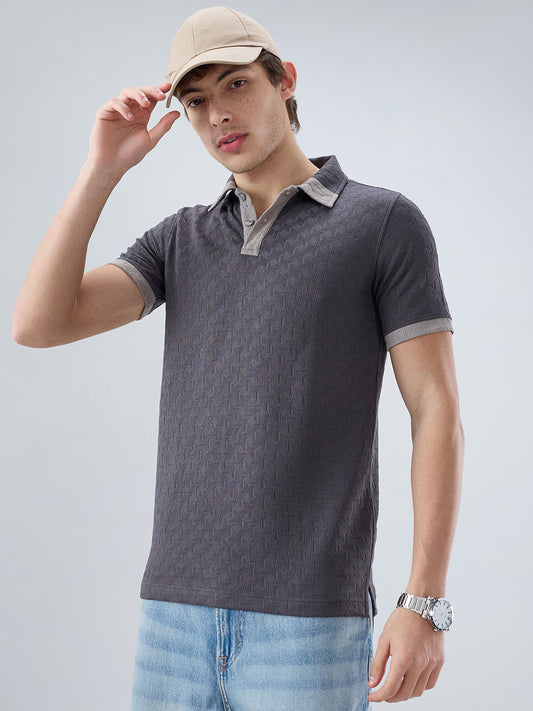 Charcoal Grey Textured Contrast Polo Neck Knit T-shirt