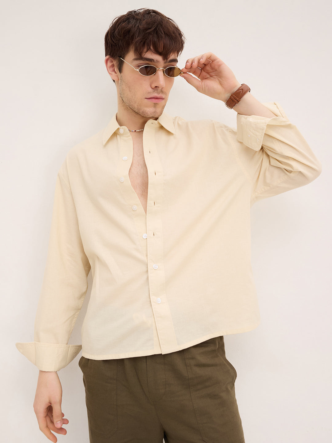 Bisque Beige Lyocell Boxy Fit Crop Shirt