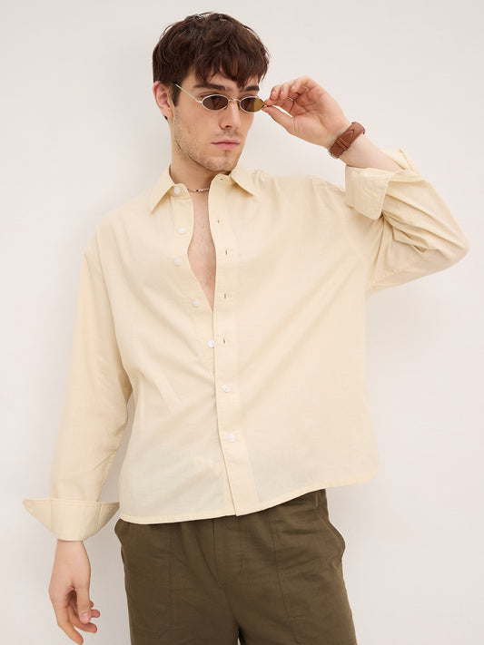 Bisque Beige Lyocell Boxy Fit Crop Shirt