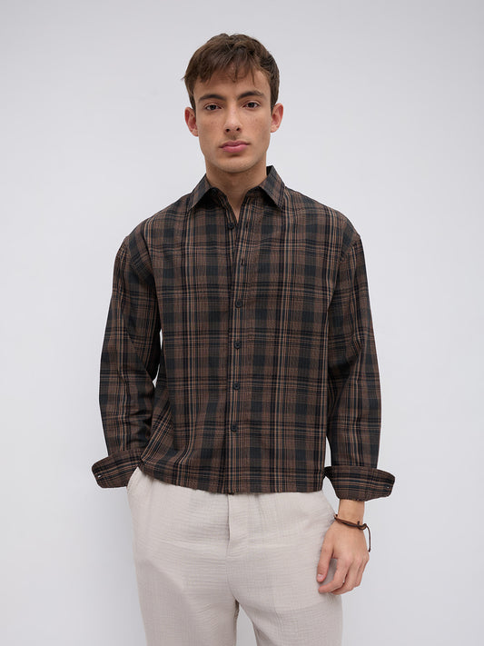 Vintage Roast Brown Fine Checks Boxy Fit Crop Shirt