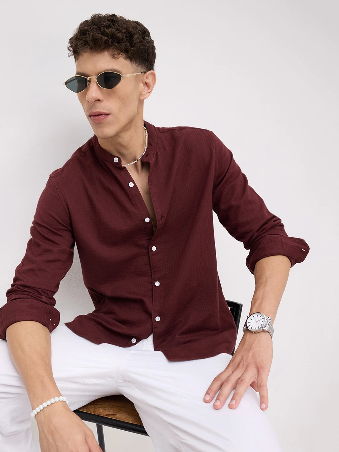 Deep Rust Herringbone Textured Mandarin Shirt
