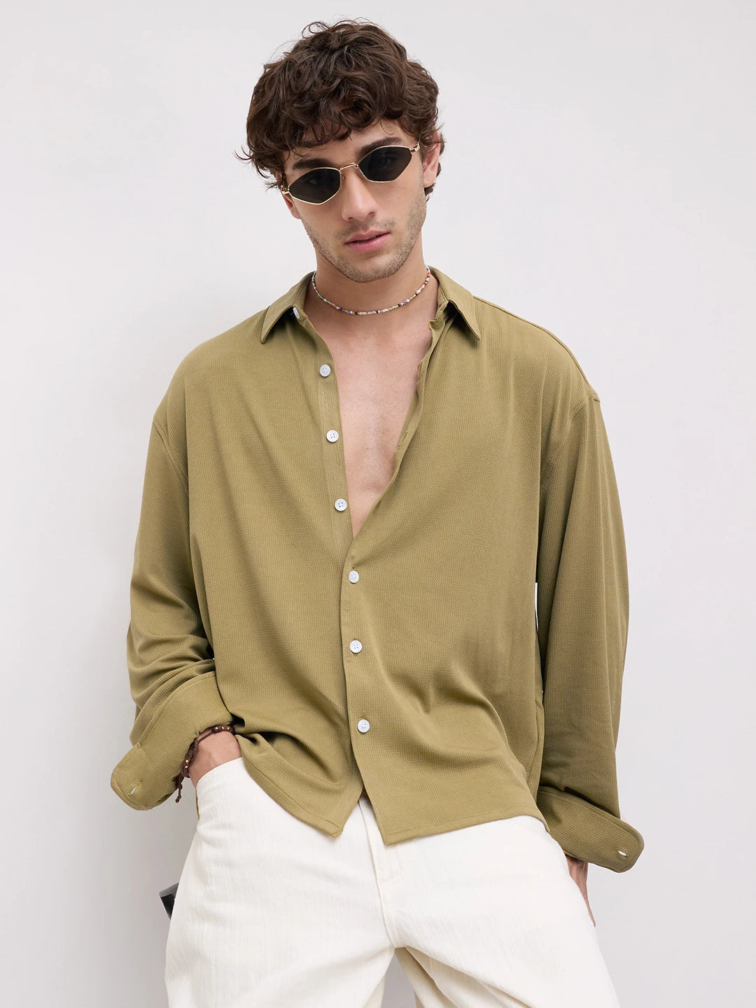 Luxe Khaki Fine Textured Knitted Boxy Fit Crop Shirt