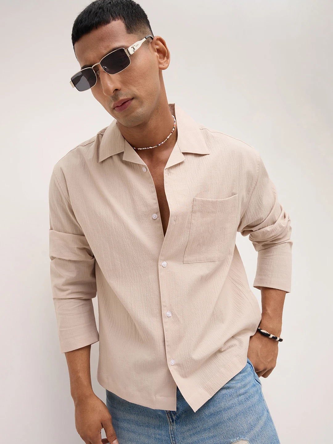 Luxe Beige Fine Textured Notch Collar Oversized Shirt