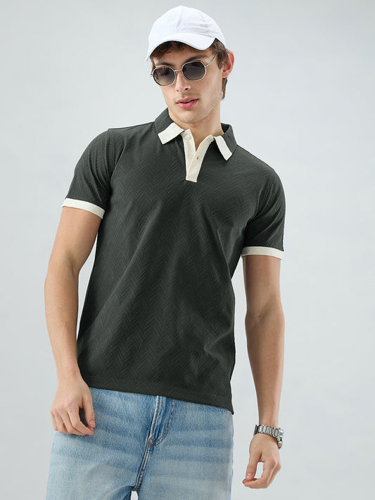 Olive Chevron Contrast Polo Neck Knit T-shirt