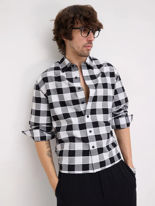 Black & White Ghingham Checks Boxy Fit Crop Shirt