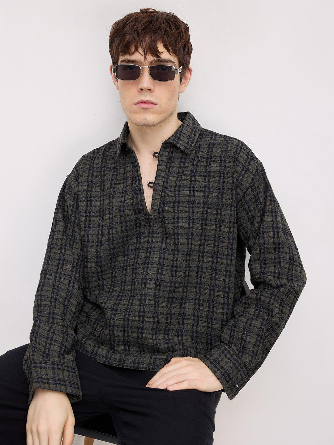 Refined Onyx Black Diamond Weave Loop Button Oversized Flannel Shirt