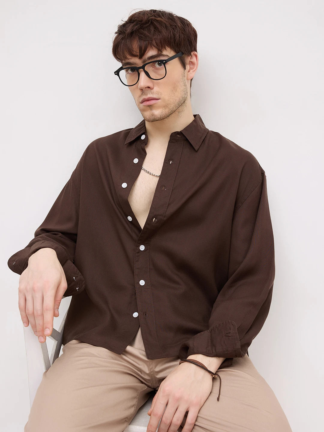 Luxe Espresso Brown Boxy Fit Crop Shirt