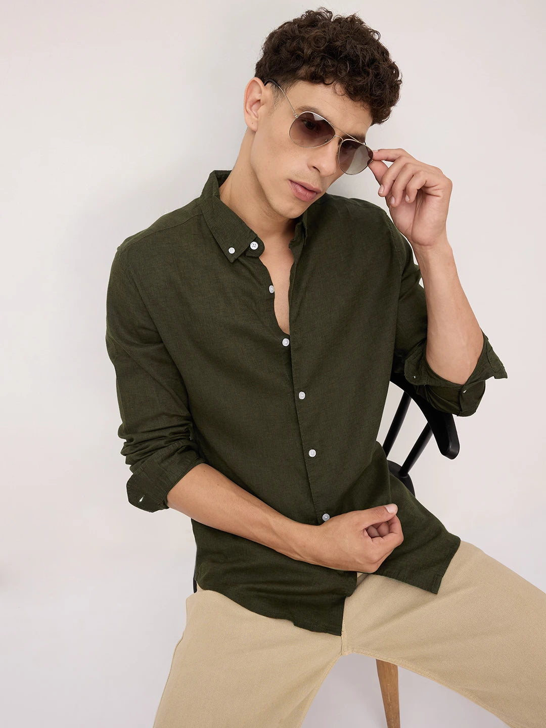 Forest Green Button-Down Collar Linen Blend Shirt