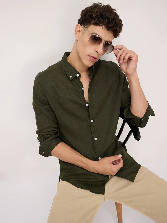 Forest Green Button-Down Collar Linen Blend Shirt