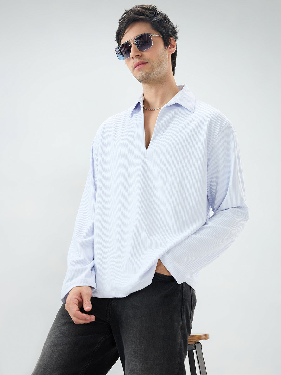 Soft Blue Precision Rib Striped Oversized Polo Knitted Shirt