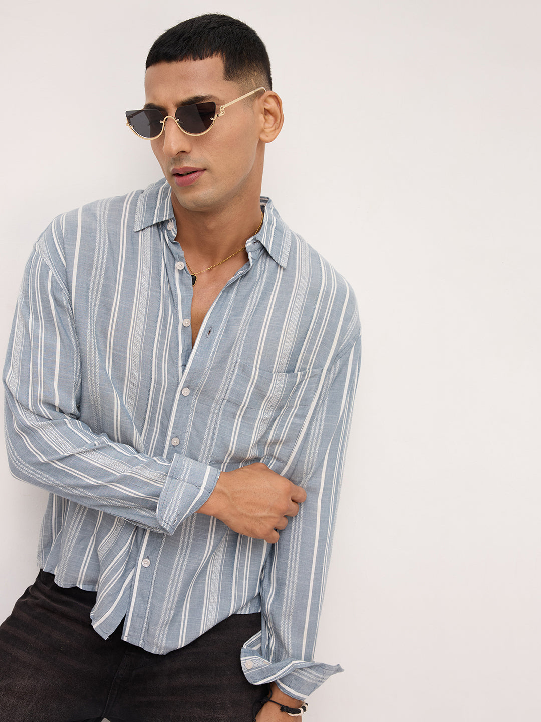 Plushy Grey Stripes Boxy Fit Crop Shirt