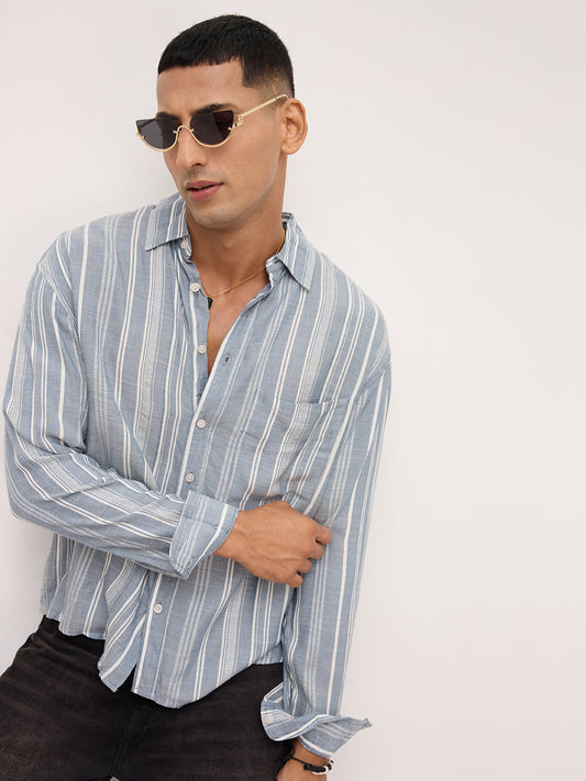 Plushy Grey Stripes Boxy Fit Crop Shirt
