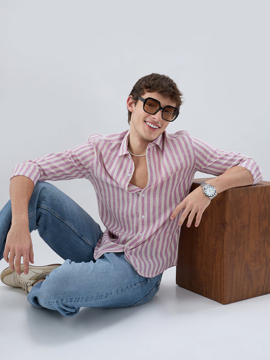 Cerise Pink & Ivory Balanced Striped Linen Blend Shirt