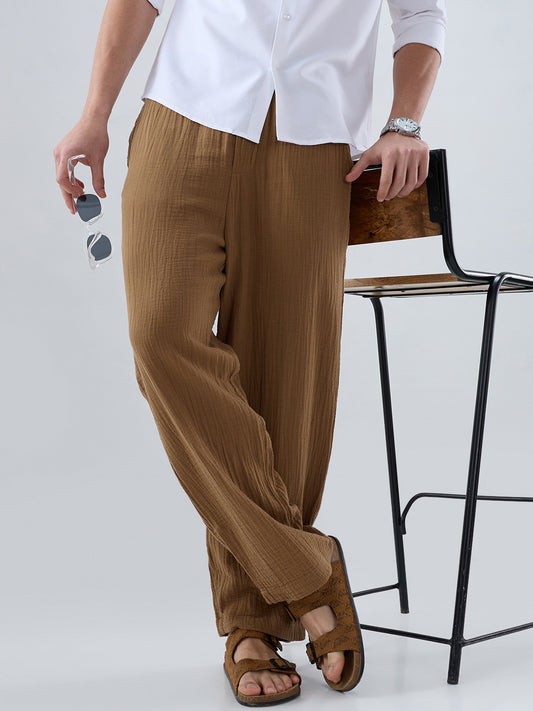 Classic Caramel Brown Double Cloth Straight-Fit Trousers