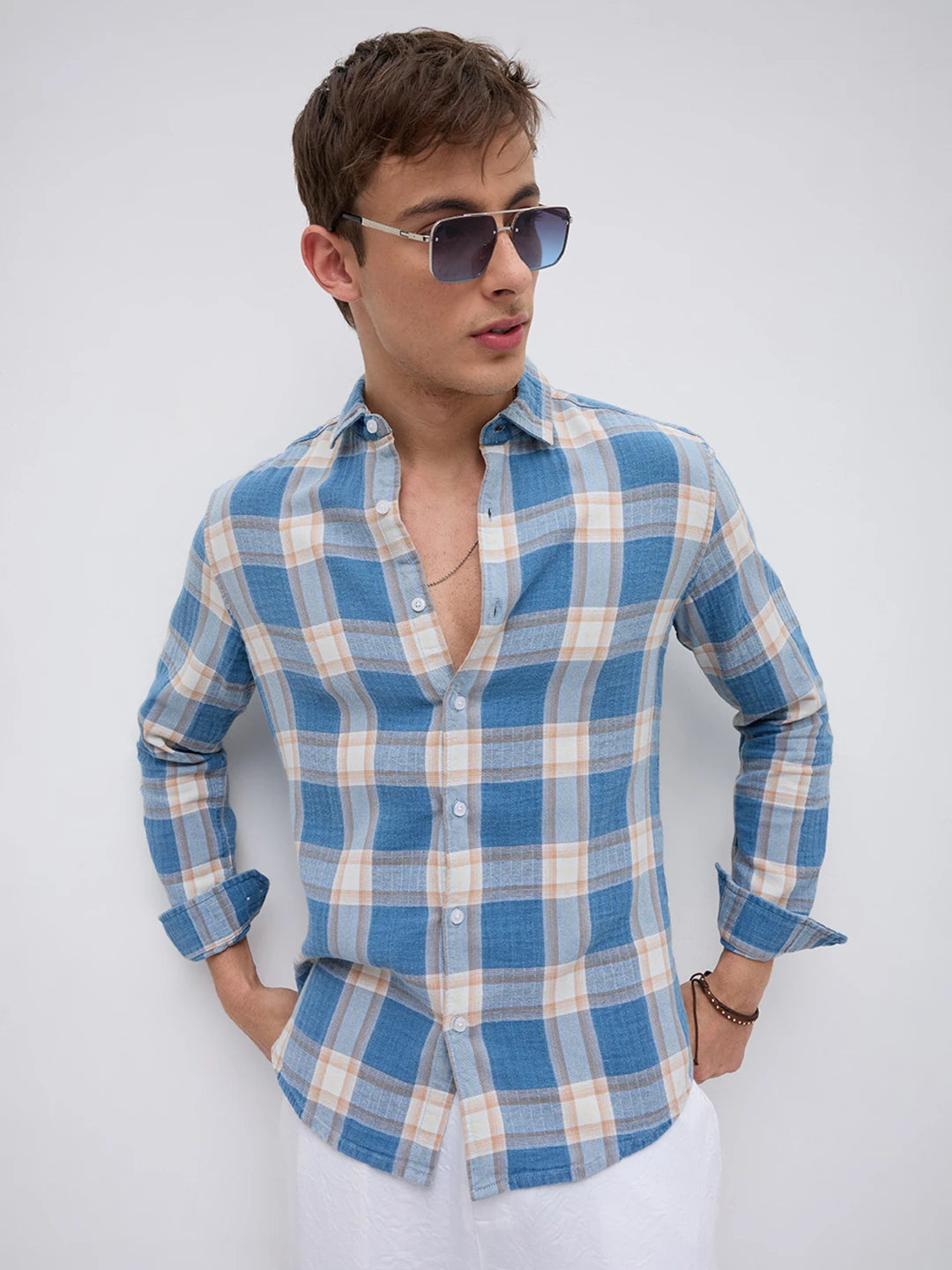 Denim Blue & Beige Tartan Checked Shirt