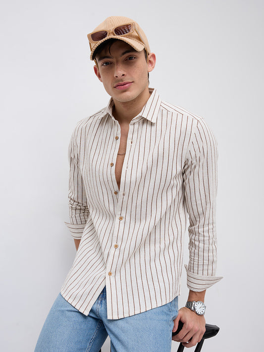 Ivory & Coffee Brown Saddle Weave Contrast Stripe Shirt
