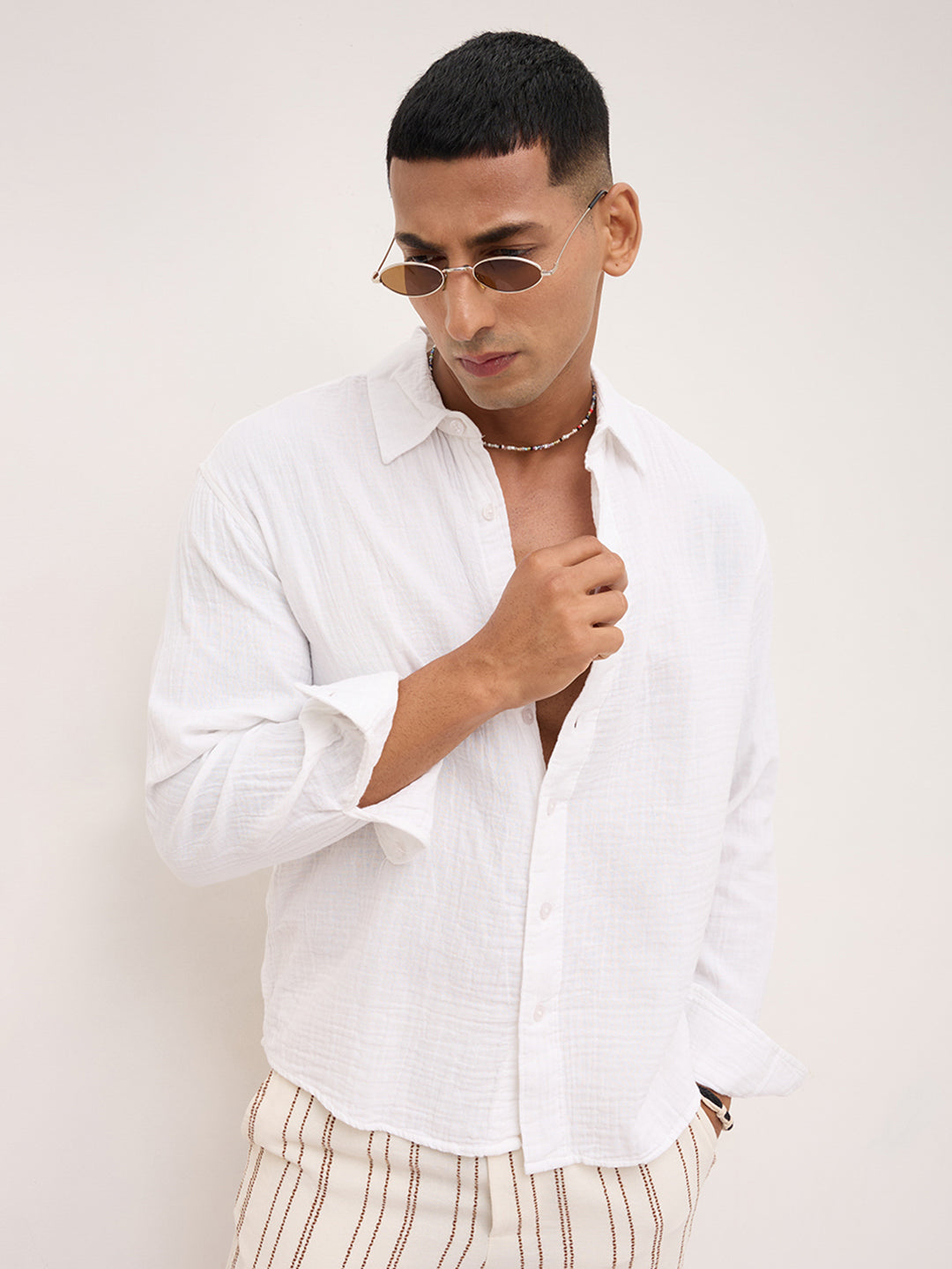 Cloud White Double Cloth Boxy Fit Crop Shirt