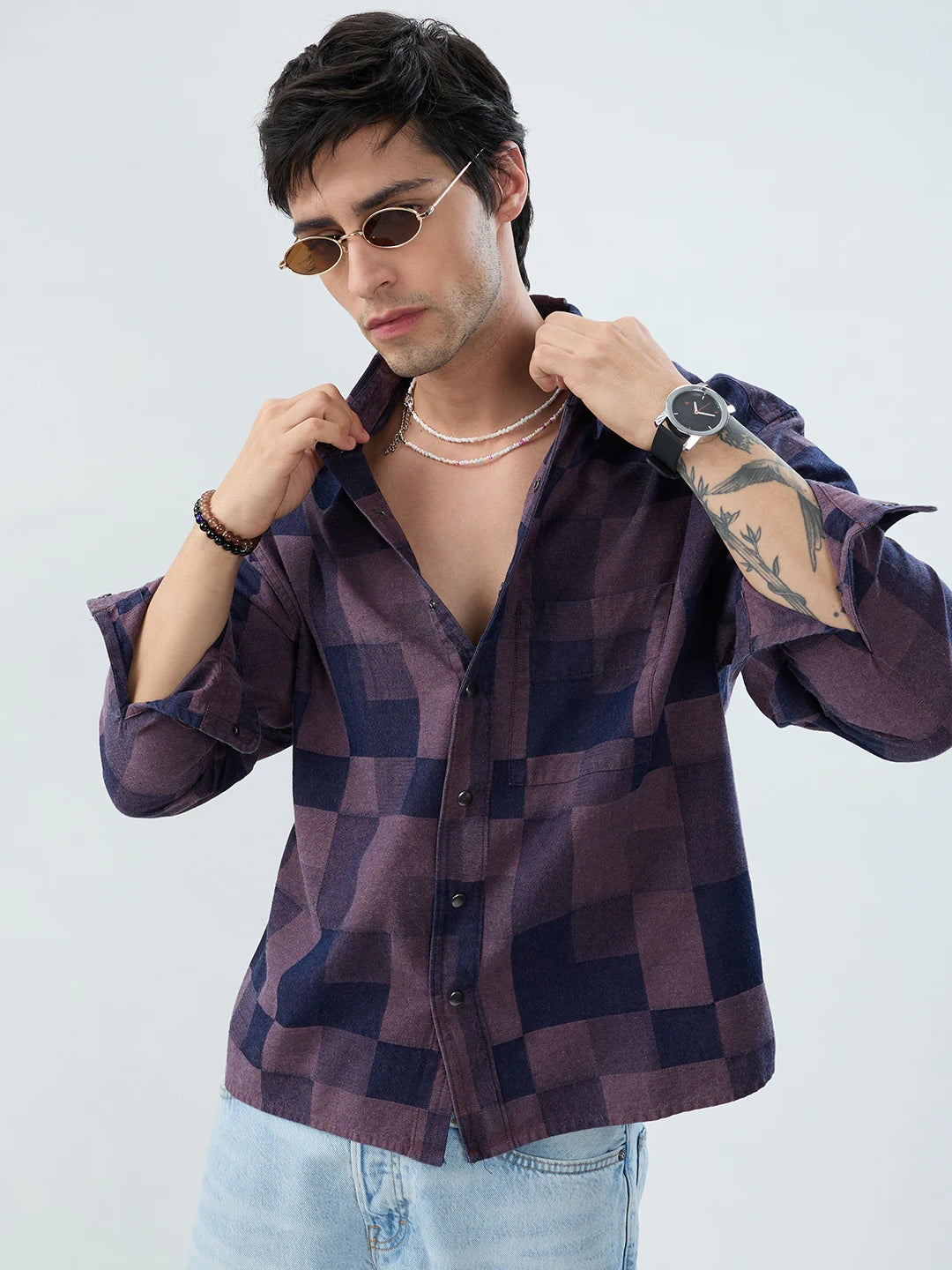 Premium Brown Acid Wash Denim Checks Boxy Fit Crop Shirt