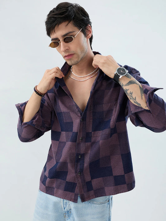 Premium Navy & Purple Acid Wash Denim Checks Boxy Fit Crop Shirt
