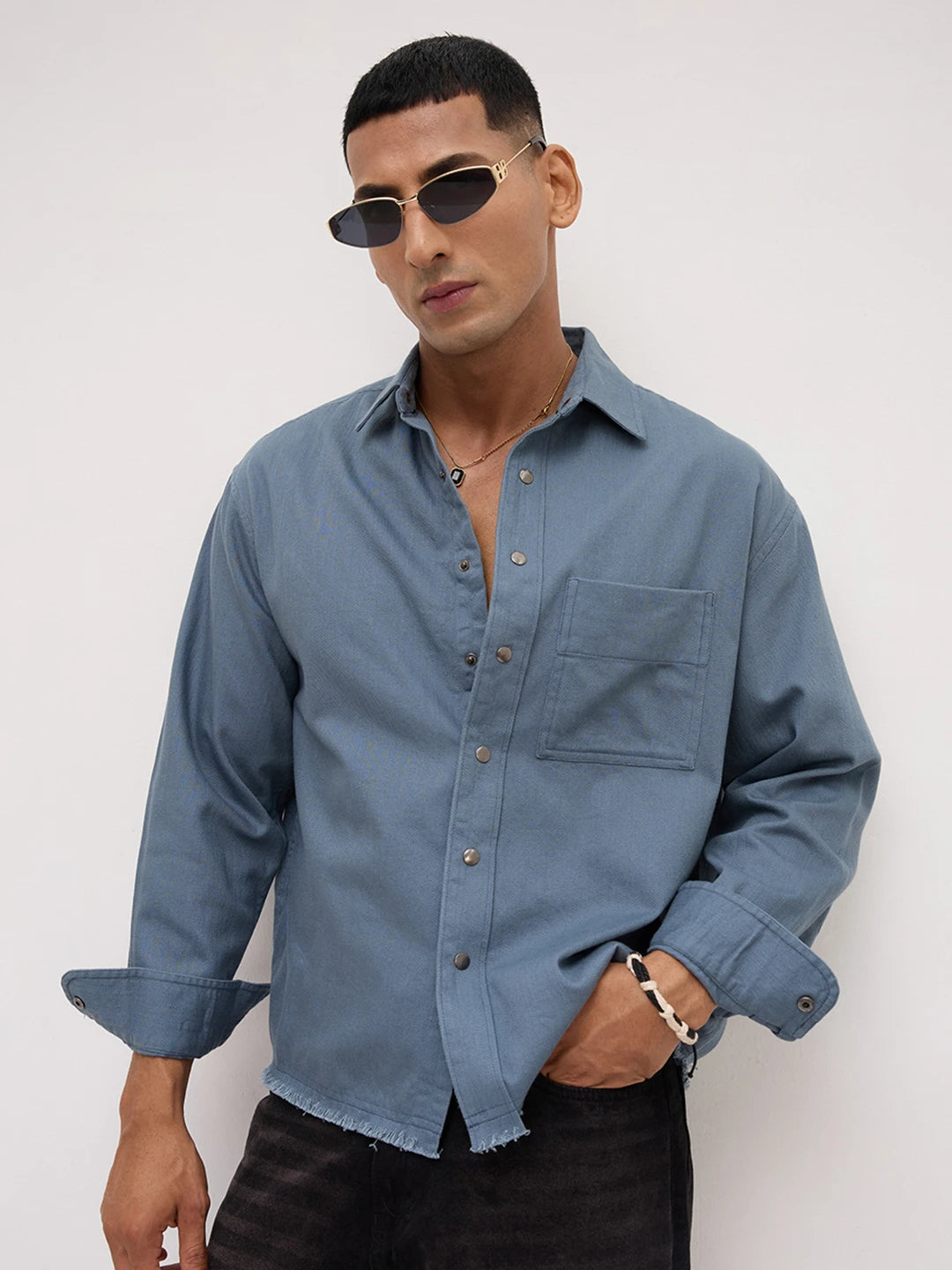 Spruce Blue Fine Textured Boxy Fit Crop Overshirt