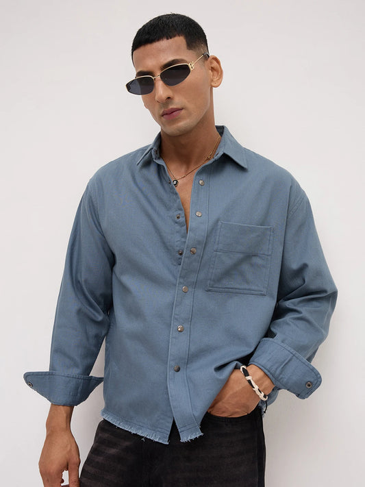 Spruce Blue Fine Textured Boxy Fit Crop Overshirt