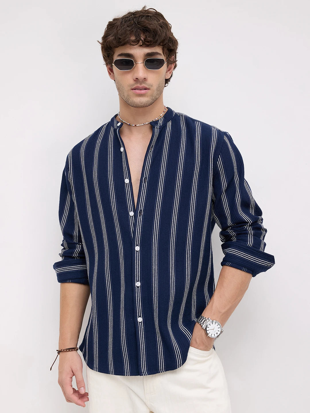 Navy & White Vertical Striped Mandarin Shirt