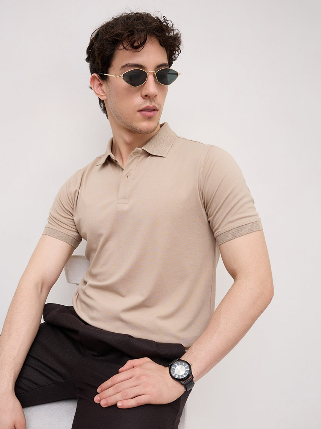 Soft Beige Honeycomb Polo Knit T-Shirt