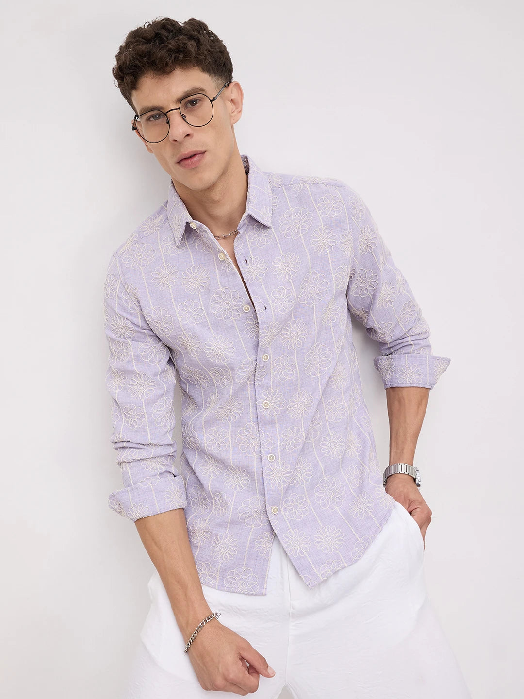 Soft Lilac Floral Embroidered Slub Shirt
