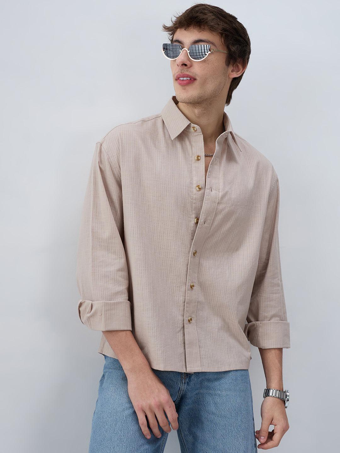 Neutral Beige Airy Slub Textured Boxy Fit Crop Shirt