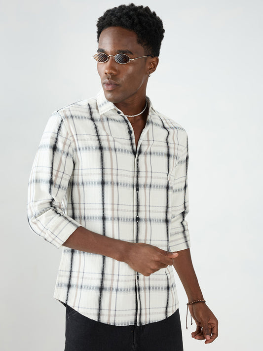 Premium White & Grey Soft Textured Checks Shirt