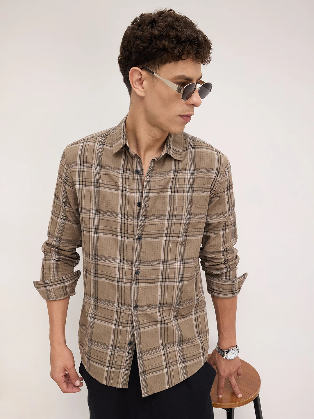 Spiffy Olive & Black Tartan Checks Shirt