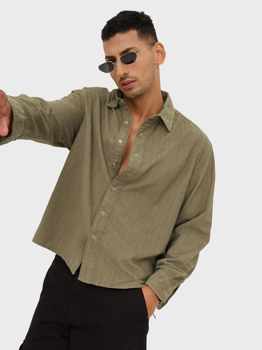 Luxe Olive Herringbone Corduroy Boxy Fit Crop Winter Shirt