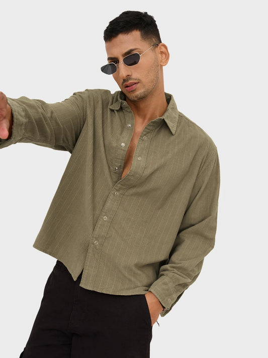 Luxe Olive Herringbone Corduroy Boxy Fit Crop Winter Shirt