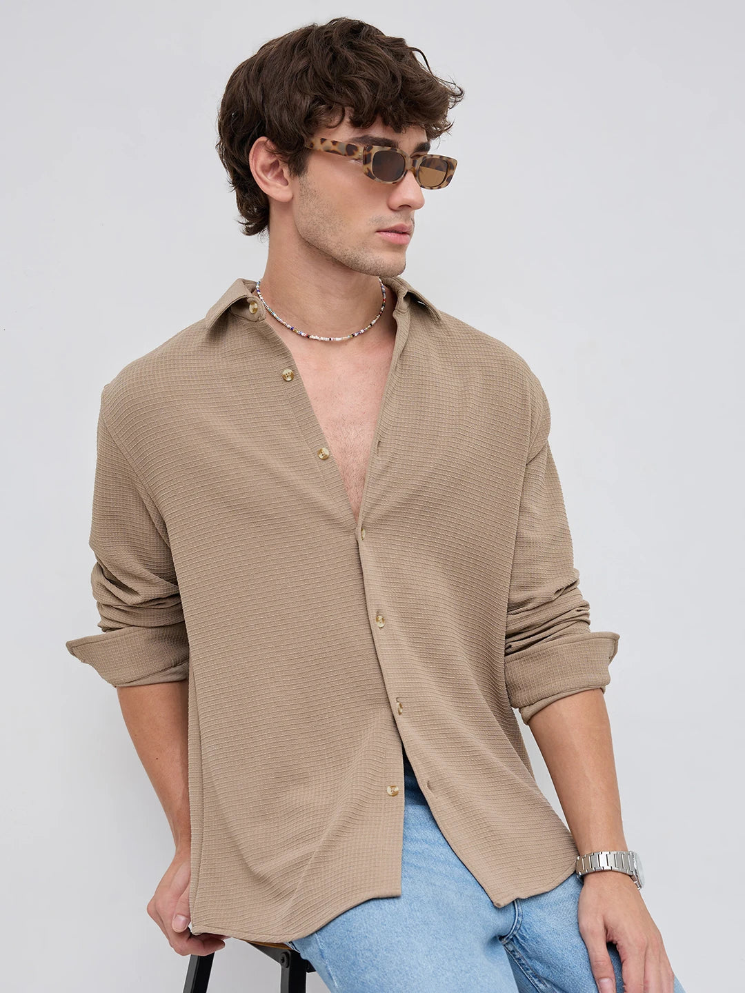 Refined Khaki Gingham Checks Knitted Shirt