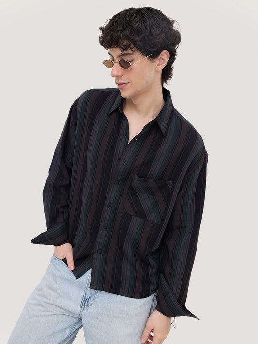 Luxe Coffee Brown Multi-Striped Boxy Fit Crop Shirt